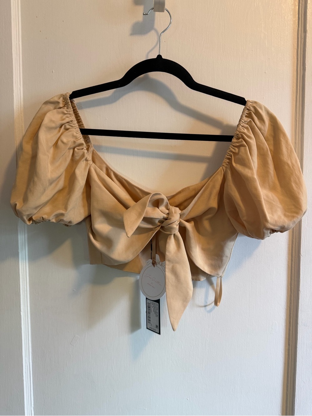 Gianni Bini Tie-Front Puff Sleeve Crop Top - Beige